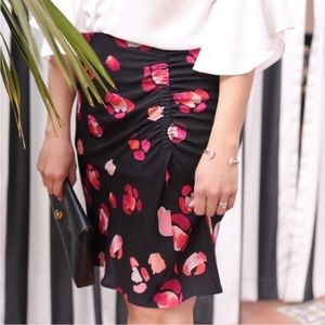CAbi #5513 Skirt Petal Floral Faux Wrap Pink Black Ruched Holiday Red Pink